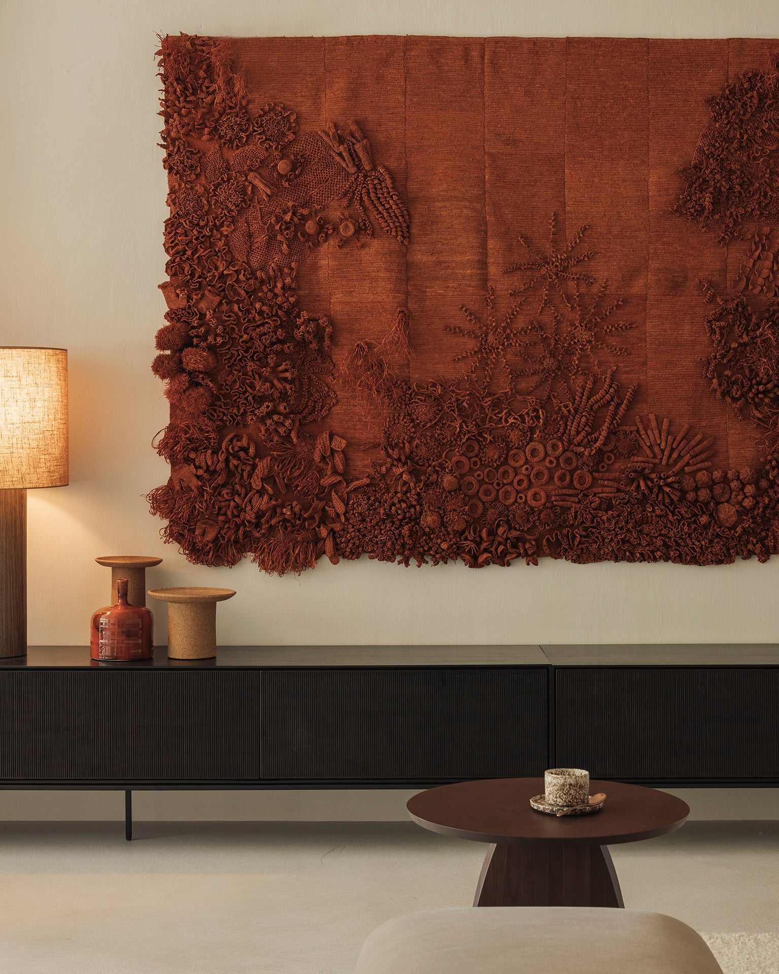 Grooves TV cupboard - varnished teak - off black - 1 flip - down door - 1 drawer White Cliff Studio Media Console