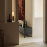 Grooves TV cupboard - varnished teak - off black - 1 flip - down door - 1 drawer White Cliff Studio Media Console