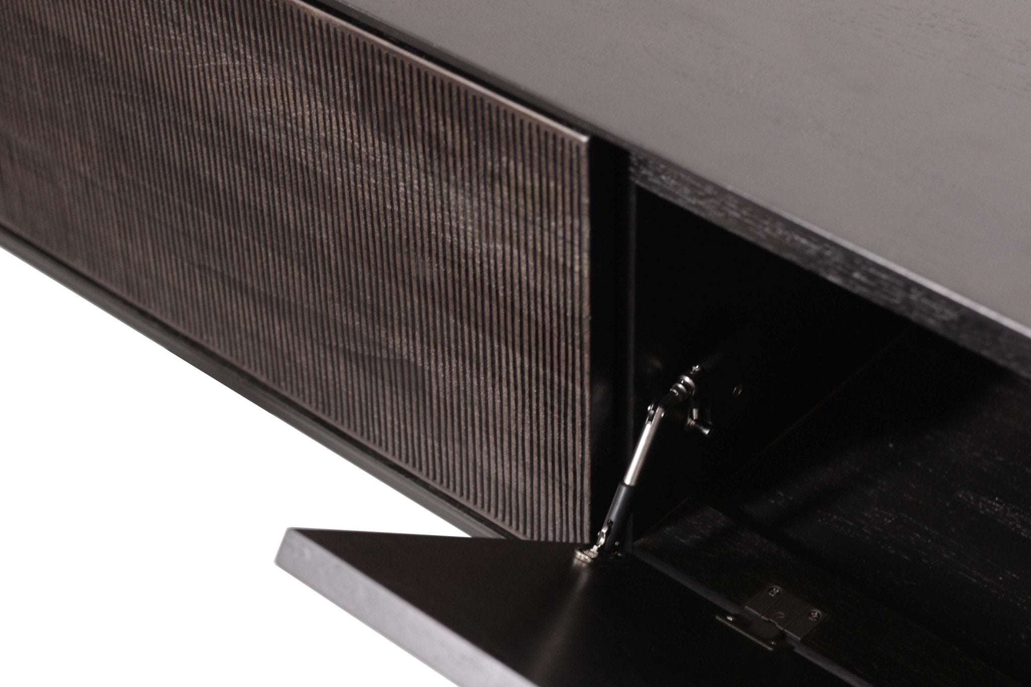 Grooves TV cupboard - varnished teak - off black - 1 flip - down door - 1 drawer White Cliff Studio Media Console