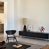 Grooves TV cupboard - varnished teak - off black - 1 flip - down door - 2 drawers White Cliff Studio Media Console