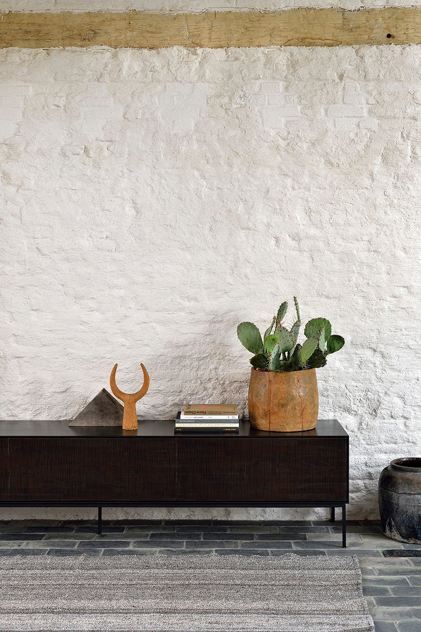 Grooves TV cupboard - varnished teak - off black - 1 flip - down door - 2 drawers White Cliff Studio Media Console