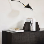 Grooves TV cupboard - varnished teak - off black - 1 flip - down door - 2 drawers White Cliff Studio Media Console