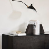 Grooves TV cupboard - varnished teak - off black - 1 flip - down door - 2 drawers White Cliff Studio Media Console