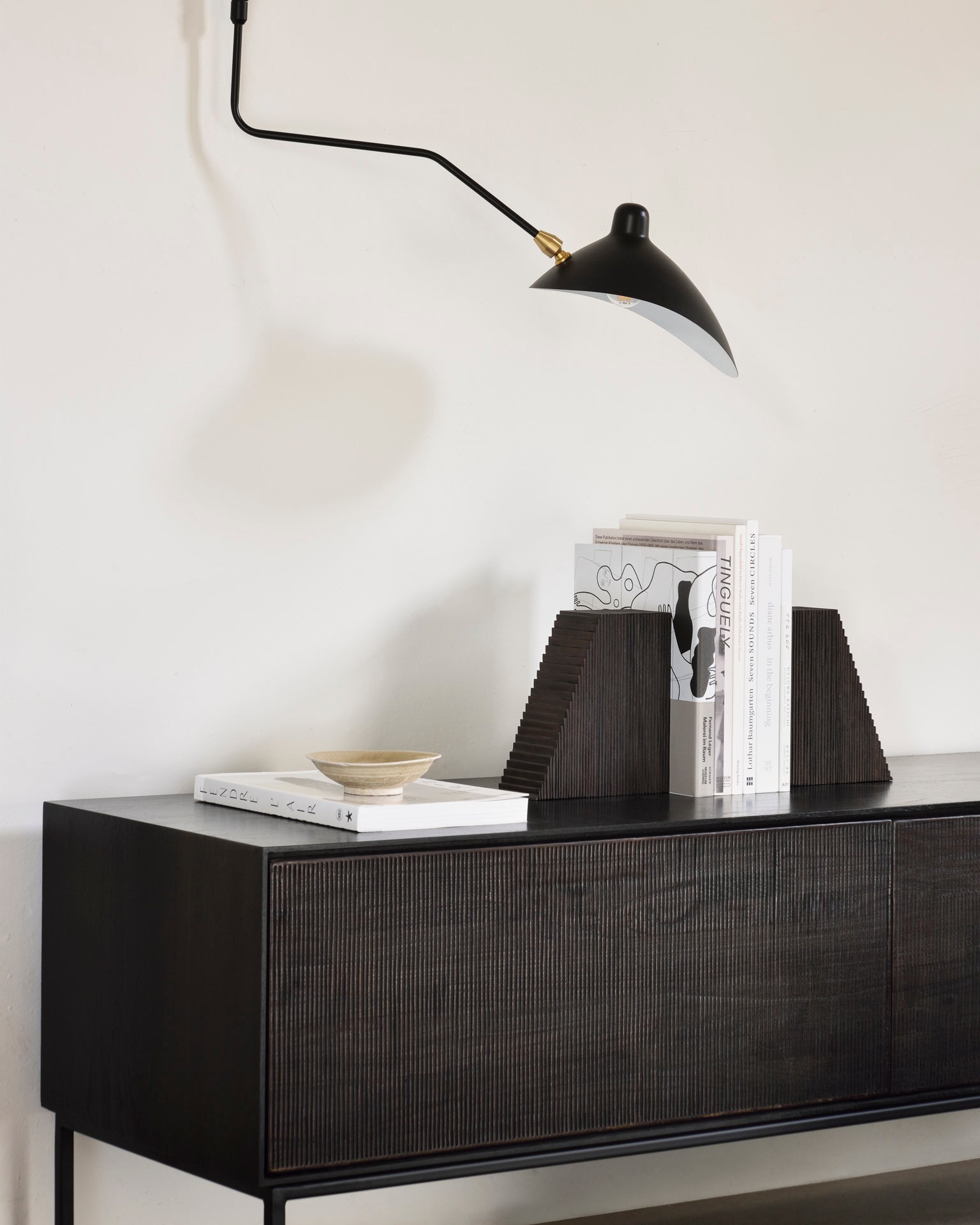 Grooves TV cupboard - varnished teak - off black - 1 flip - down door - 2 drawers White Cliff Studio Media Console