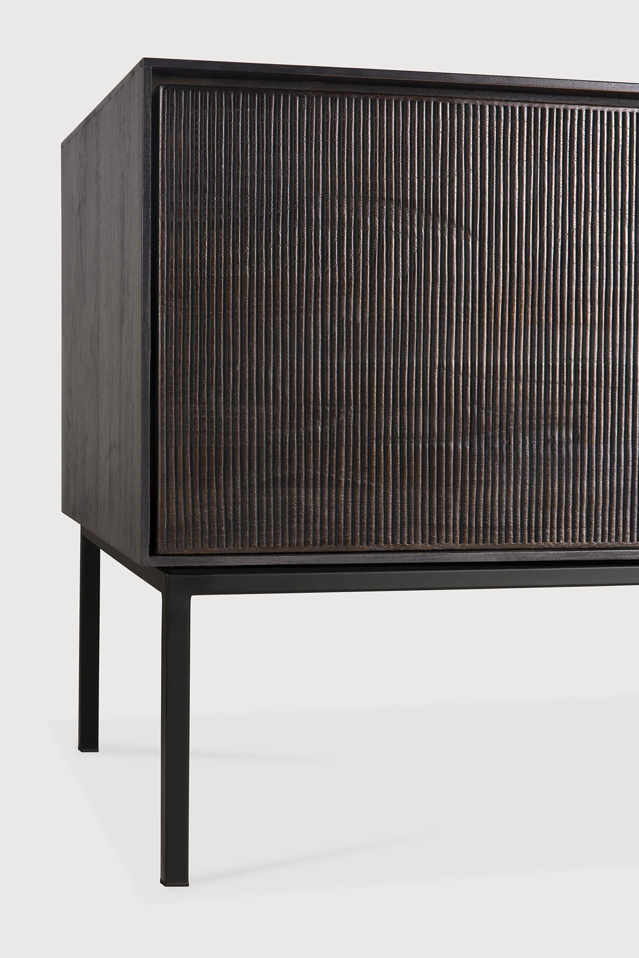 Grooves TV cupboard - varnished teak - off black - 1 flip - down door - 2 drawers White Cliff Studio Media Console