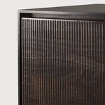 Grooves TV cupboard - varnished teak - off black - 1 flip - down door - 2 drawers White Cliff Studio Media Console