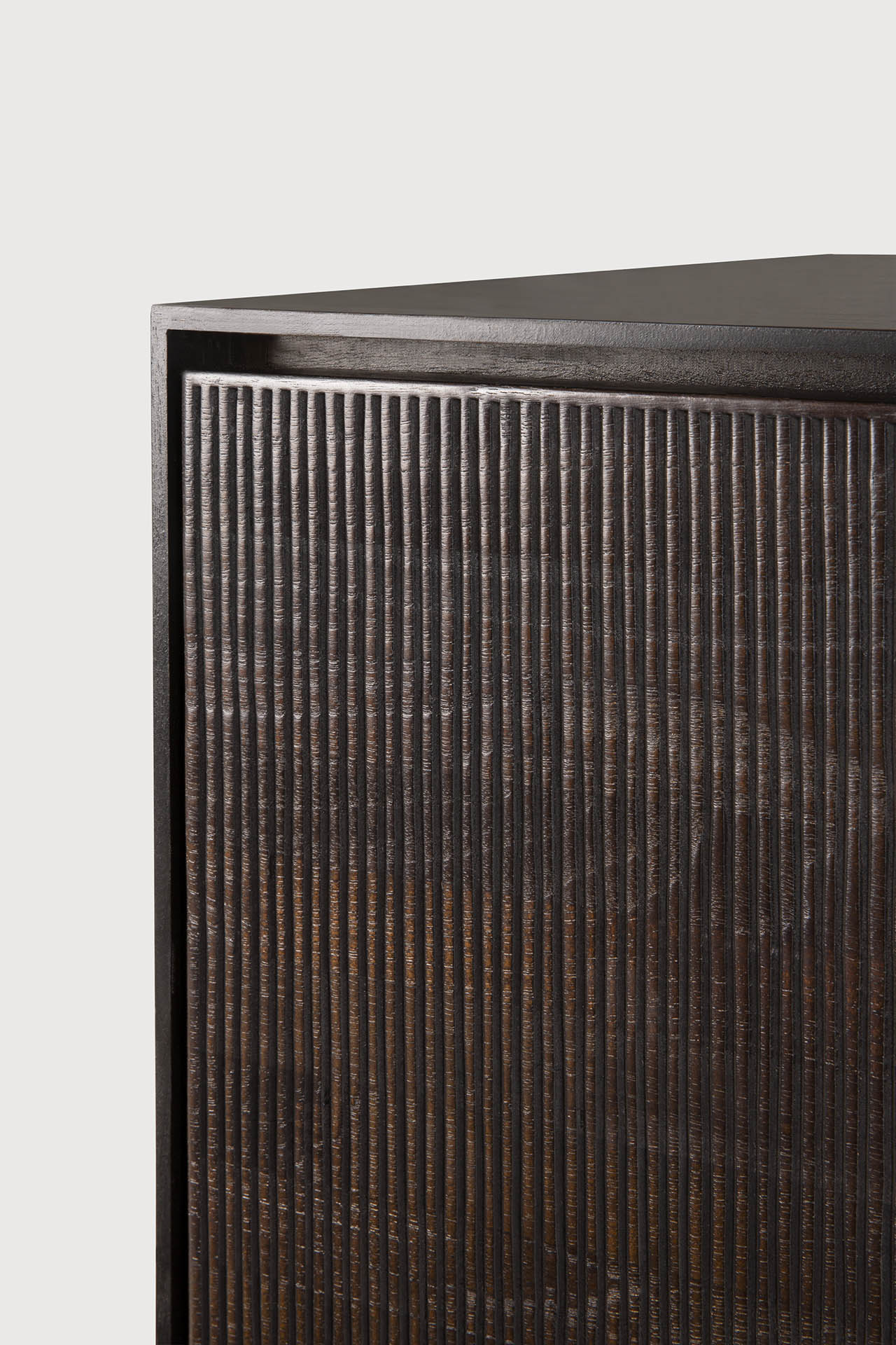 Grooves TV cupboard - varnished teak - off black - 1 flip - down door - 2 drawers White Cliff Studio Media Console