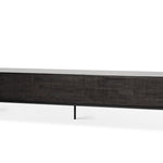 Grooves TV cupboard - varnished teak - off black - 1 flip - down door - 2 drawers White Cliff Studio Media Console