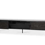Grooves TV cupboard - varnished teak - off black - 1 flip - down door - 2 drawers White Cliff Studio Media Console