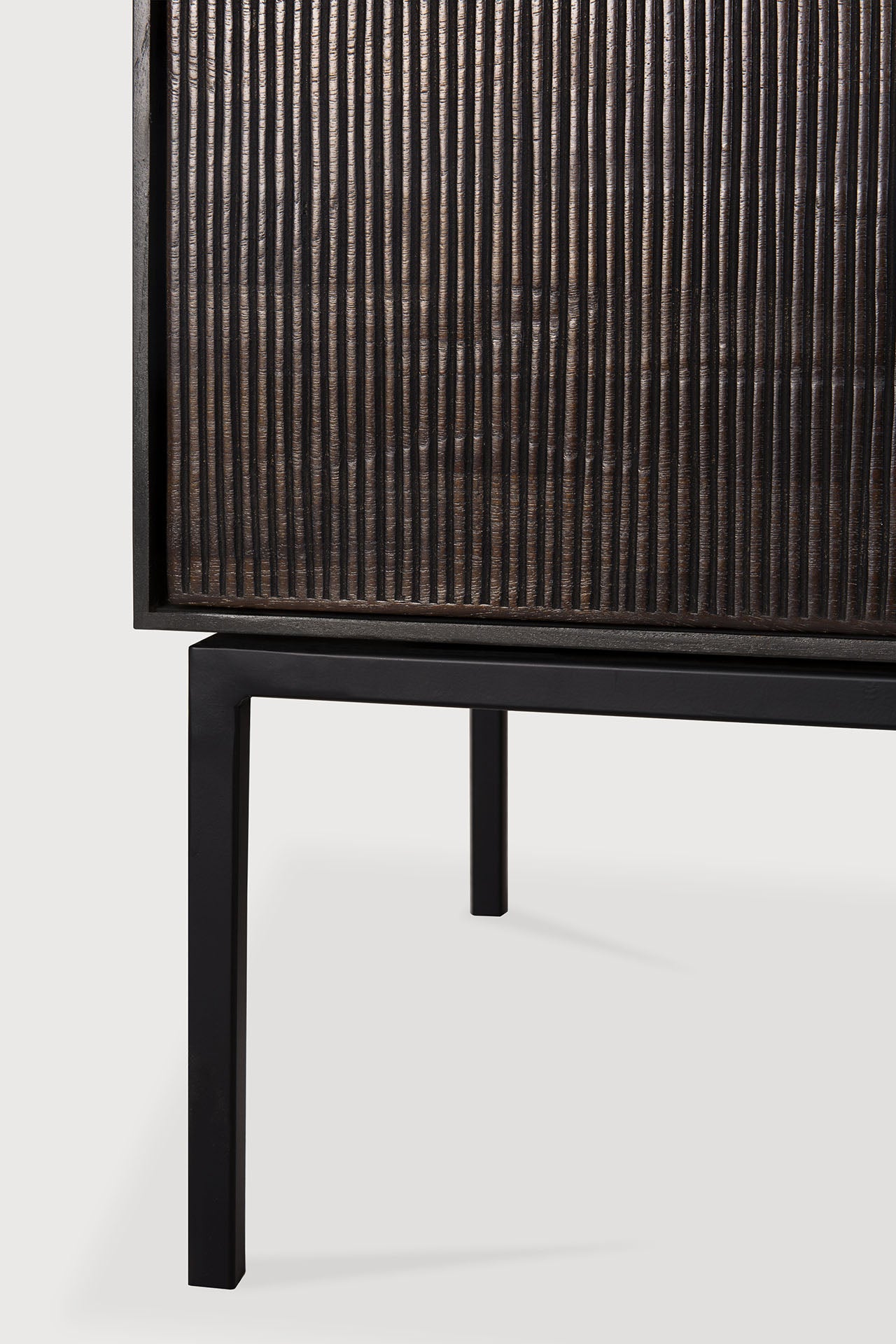 Grooves TV cupboard - varnished teak - off black - 1 flip - down door - 2 drawers White Cliff Studio Media Console