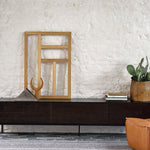 Grooves TV cupboard - varnished teak - off black - 1 flip - down door - 2 drawers White Cliff Studio Media Console