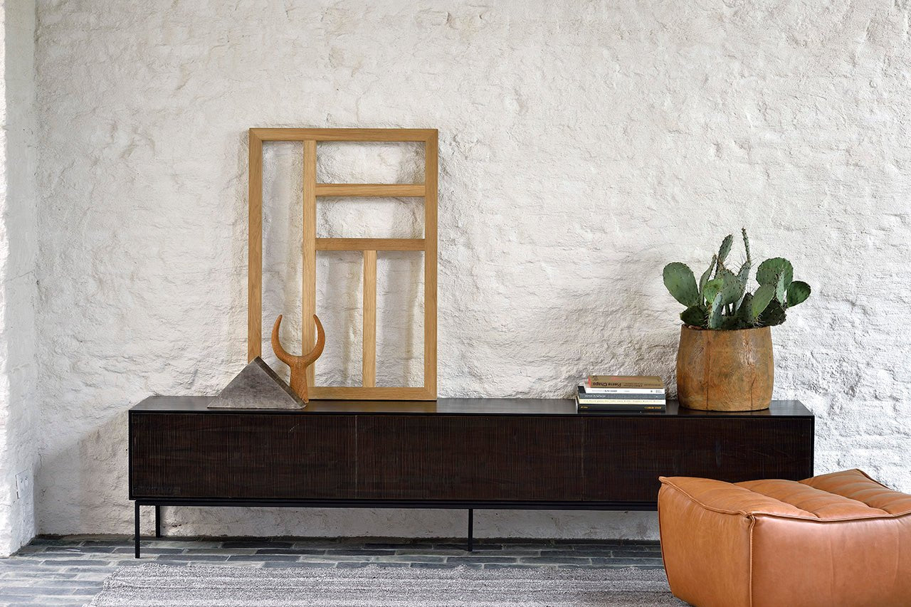 Grooves TV cupboard - varnished teak - off black - 1 flip - down door - 2 drawers White Cliff Studio Media Console