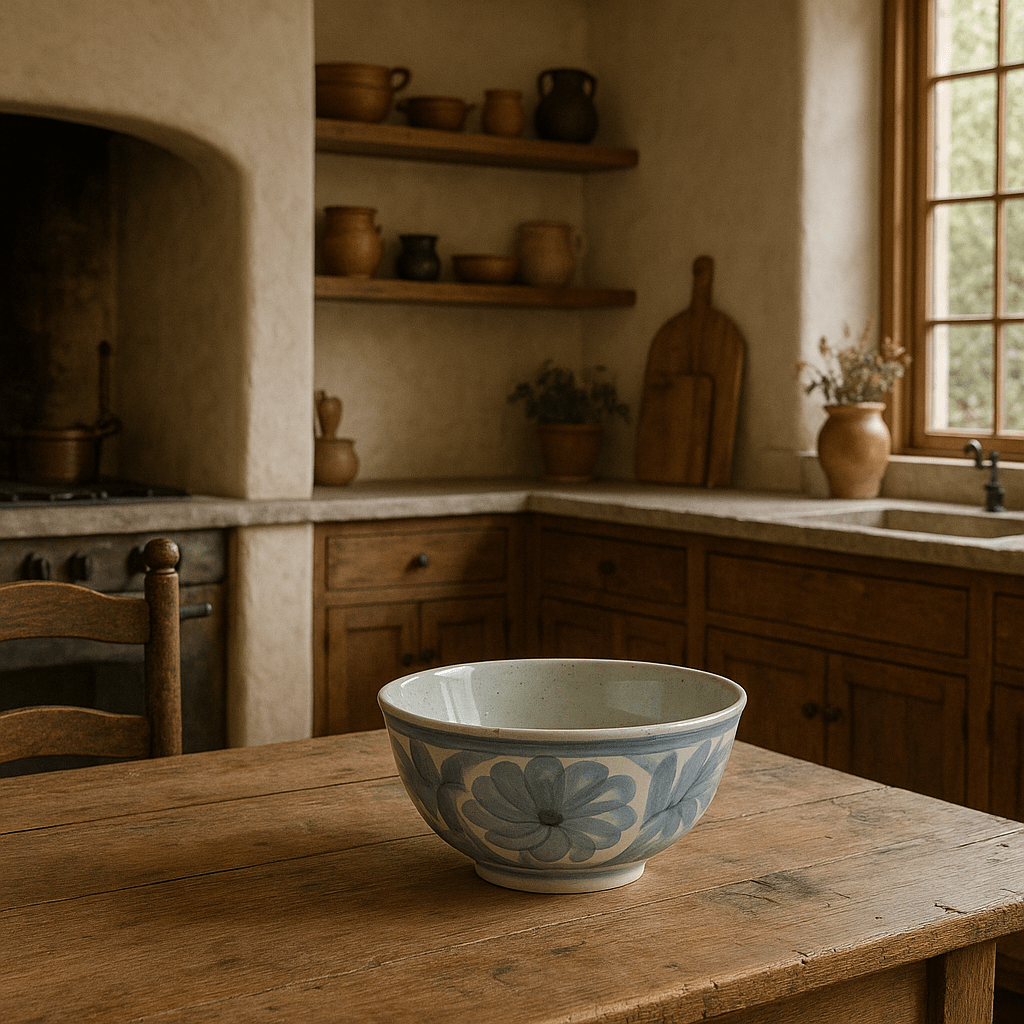 Hand - Painted Blue & White Stoneware Bowl – Floral Design