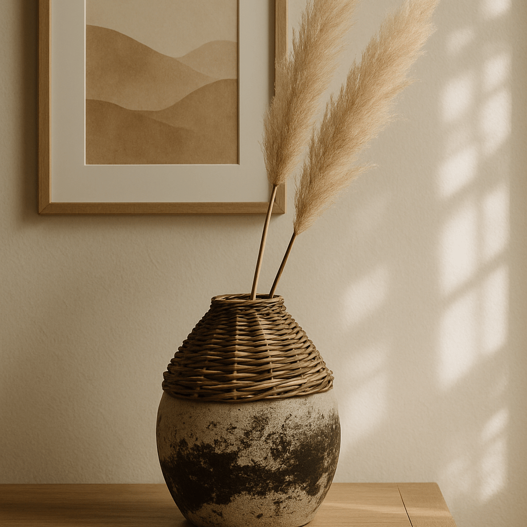 Hand - Woven Rattan & Clay Vase, Distressed White Cliff Studio Decorative Vases