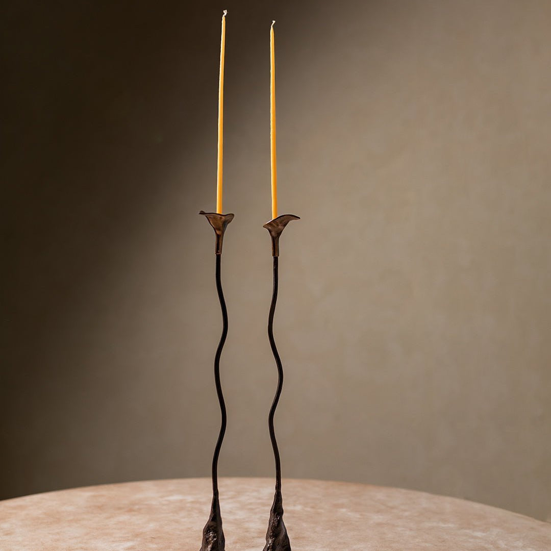 Handmade Iron Ferra Rose Candle Holders Set of 2 - Antique Bronze Taper