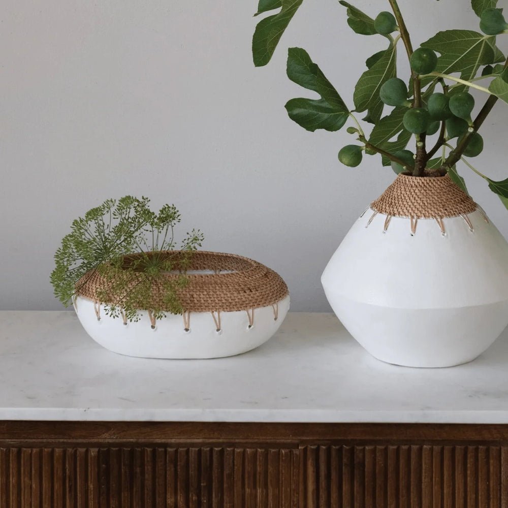 Handmade Terracotta Planter with Hand - Woven Rattan Stitching