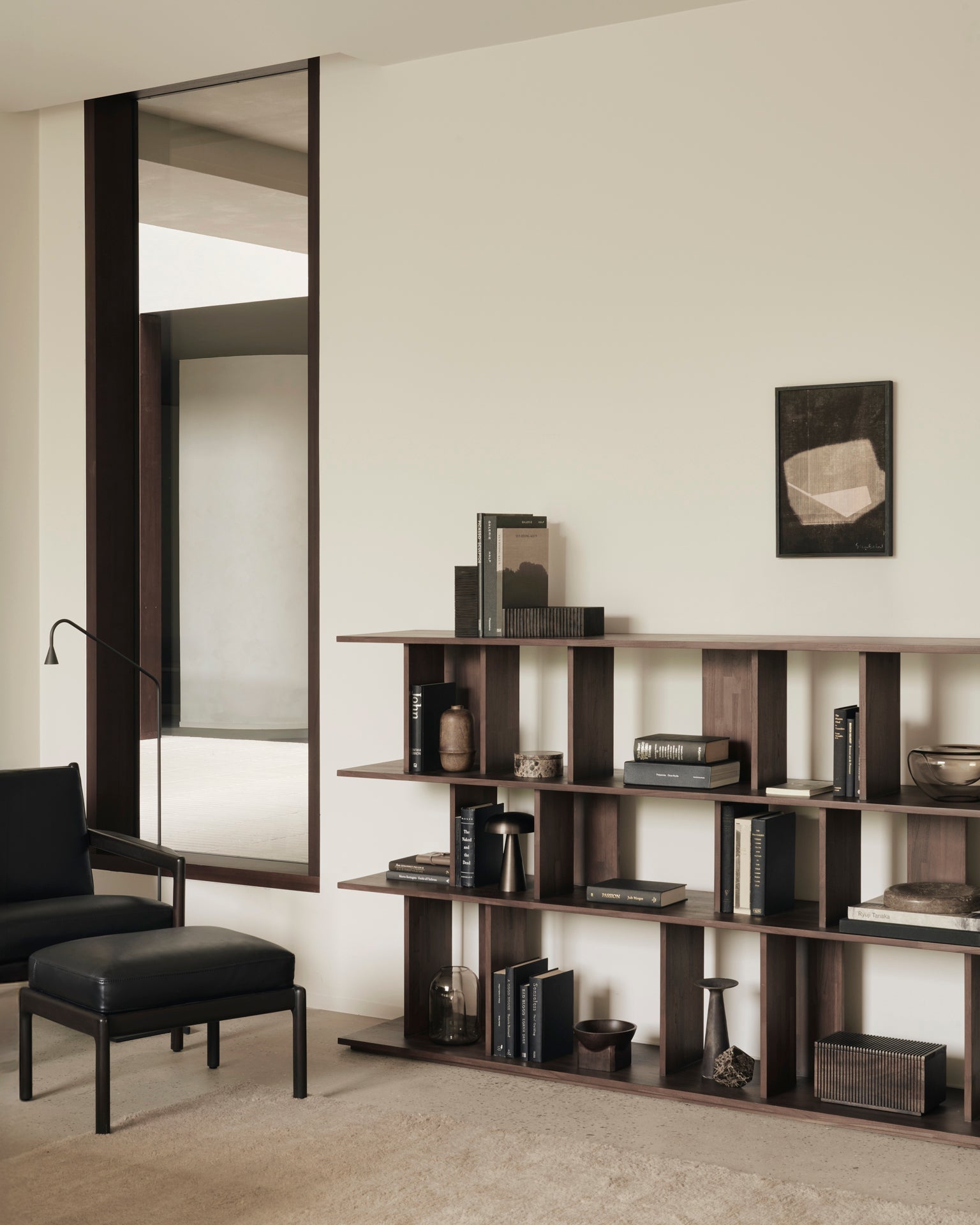 Jack footstool - varnished mahogany - dark brown - Carbone leather White Cliff Studio Ottoman