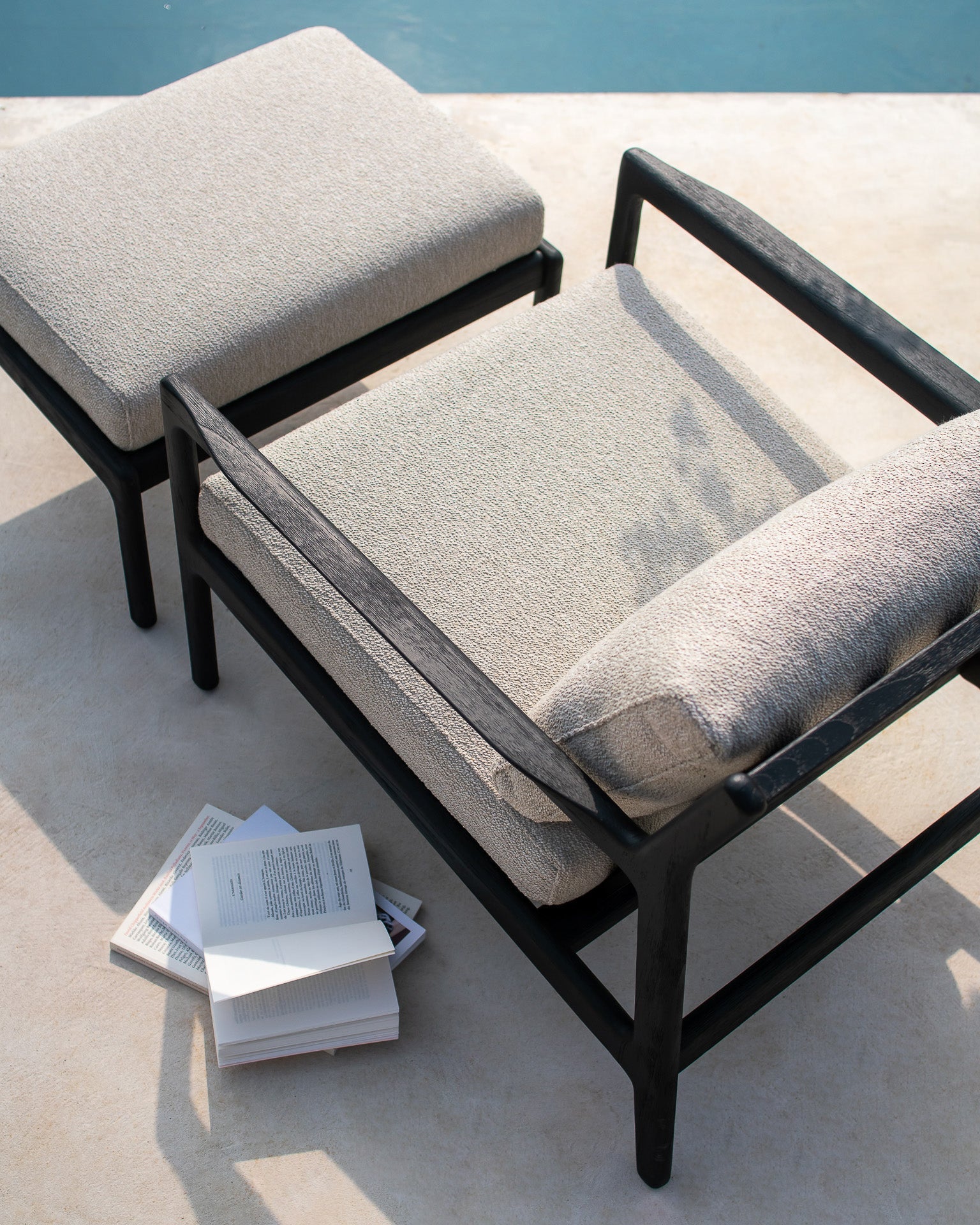 Jack outdoor footstool - varnished teak - black - Mocha fabric White Cliff Studio Outdoor Ottoman
