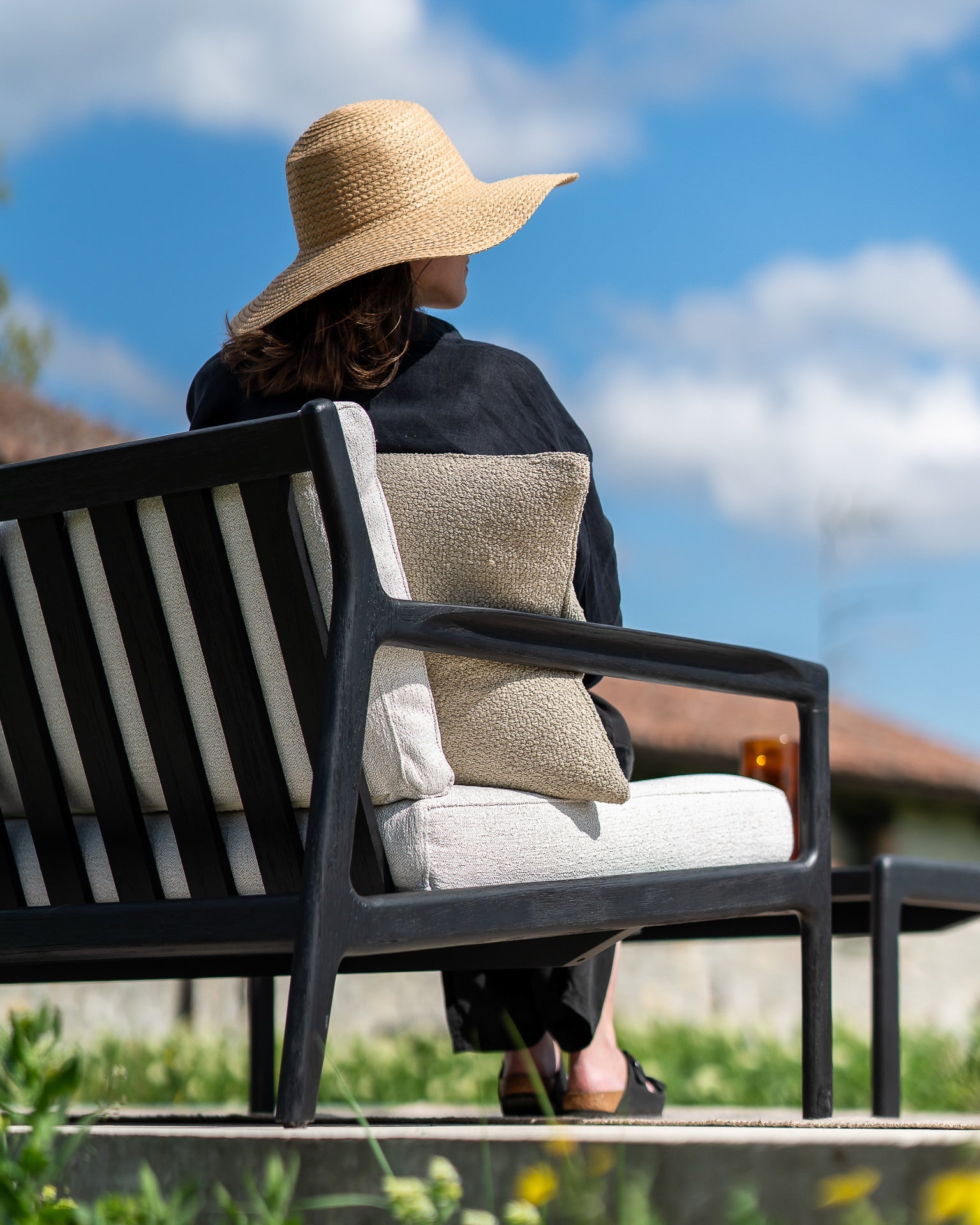 Jack outdoor sofa - varnished teak - black - Off White fabric - 2+ seater White Cliff Studio Outdoor Sofa