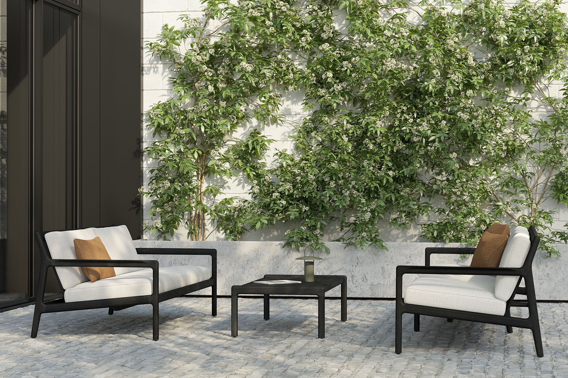 Jack outdoor sofa - varnished teak - black - Off White fabric - 3+ seater White Cliff Studio Outdoor Sofa