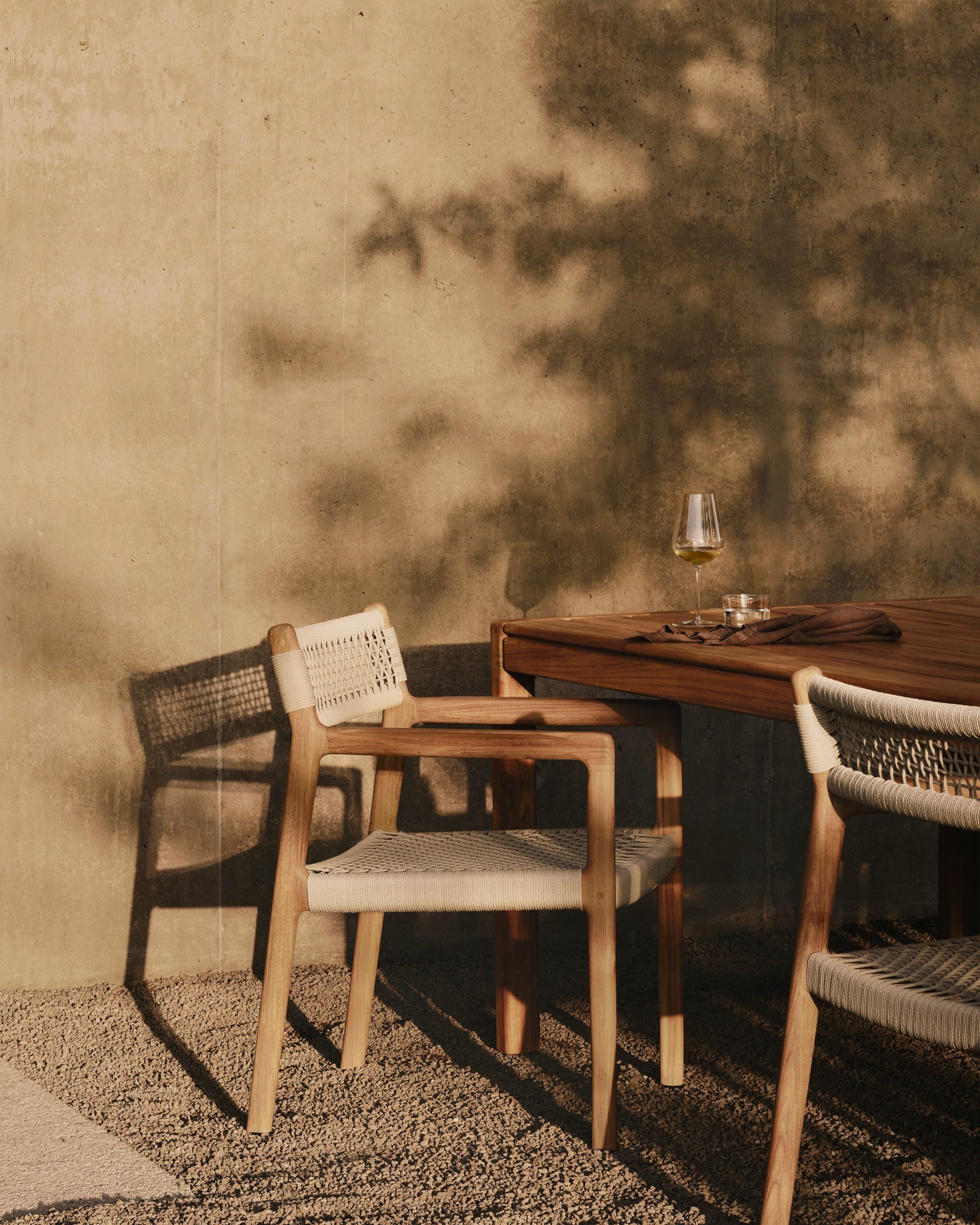 Jack Woven outdoor dining chair - teak - Beige cord - with arms White Cliff Studio Outdoor Dining Chair