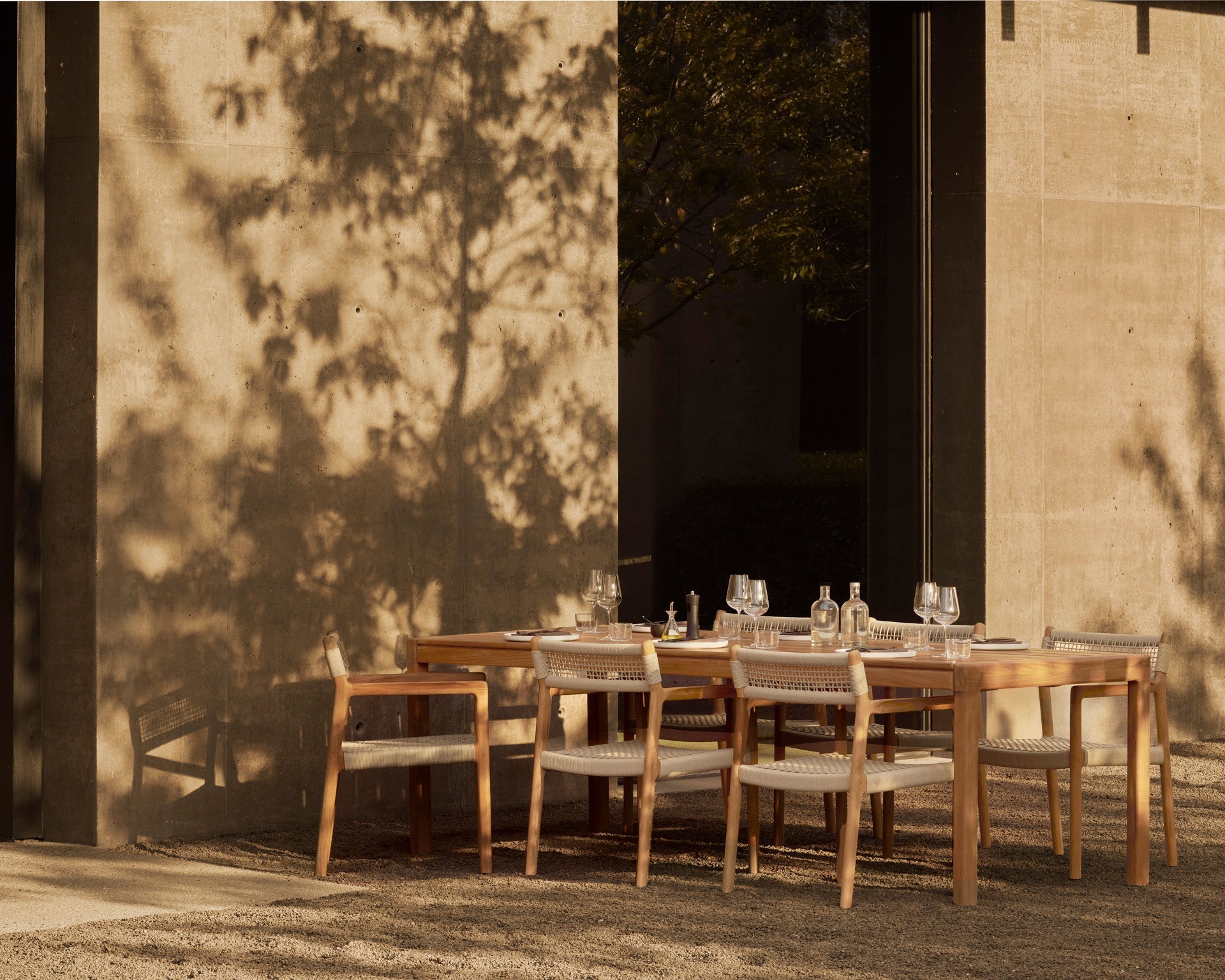Jack Woven outdoor dining chair - teak - Beige cord - with arms White Cliff Studio Outdoor Dining Chair