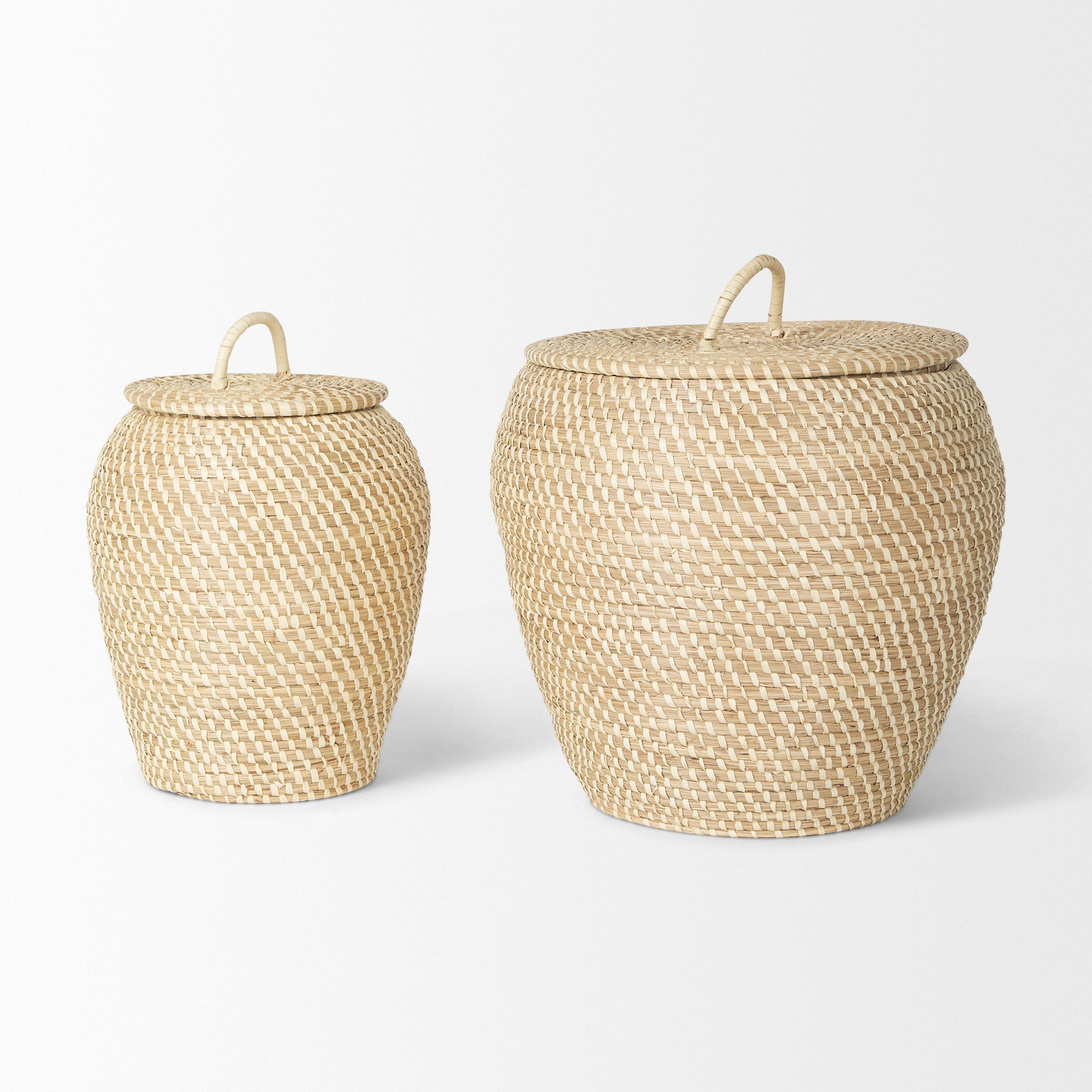 Koala Set of 2 Seagrass Floor Baskets w/ Flat Handled Lid
