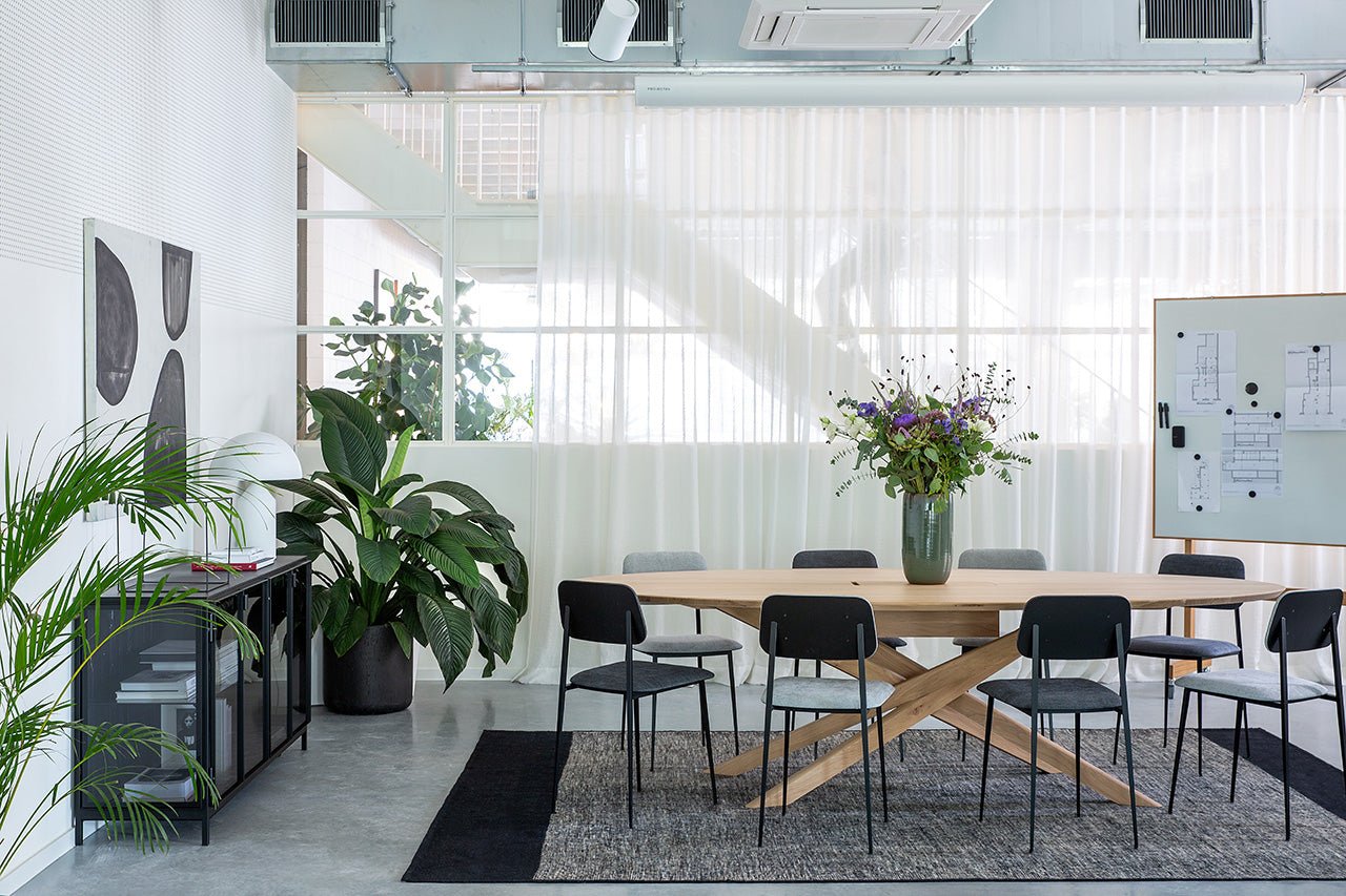 Mikado meeting table - varnished oak - oval - with wire management box White Cliff Studio Conference Room Table