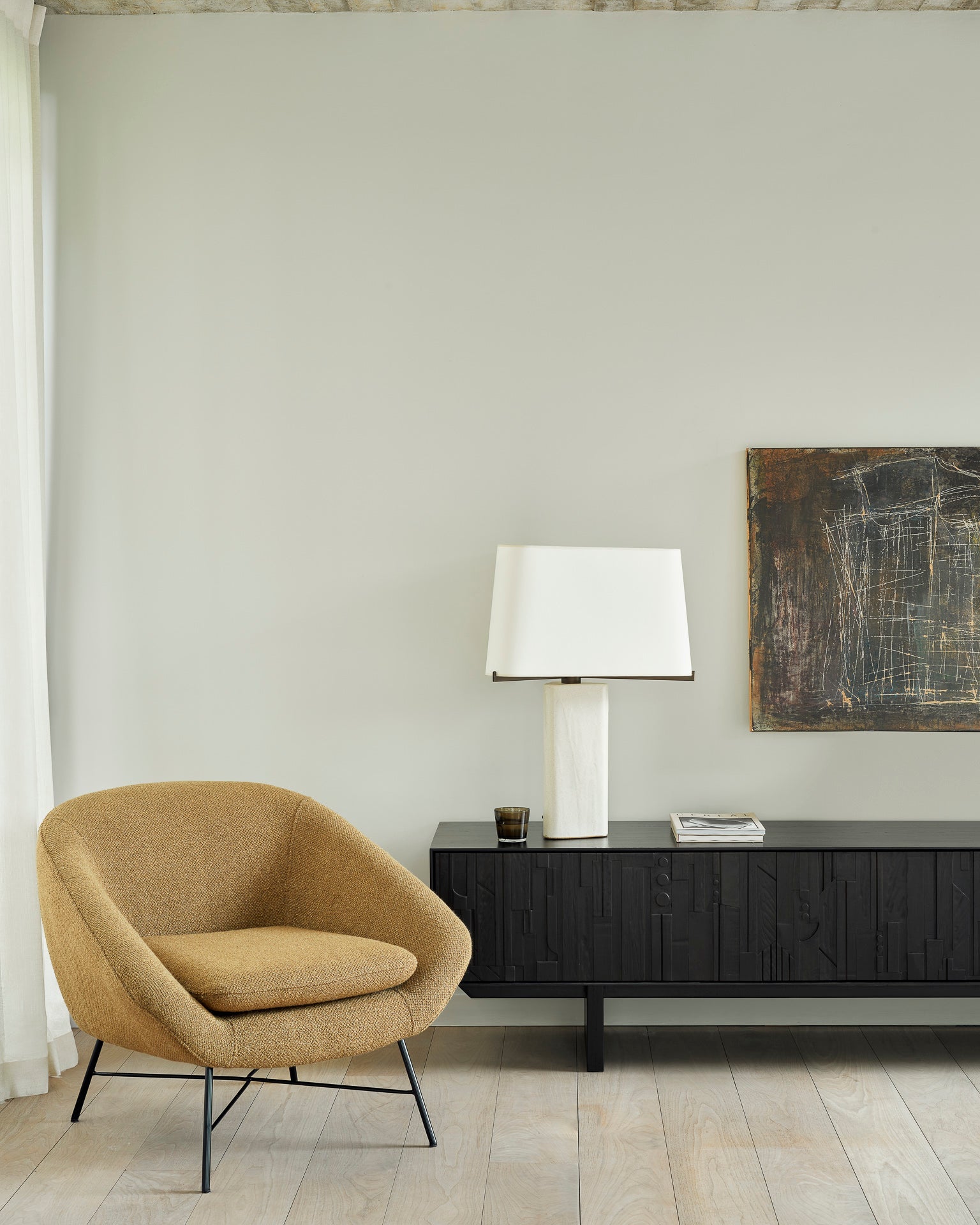 Mosaic TV cupboard - varnished teak - off black - 1 flip - down door - 2 drawers White Cliff Studio Media Console