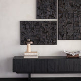 Mosaic TV cupboard - varnished teak - off black - 1 flip - down door - 2 drawers White Cliff Studio Media Console