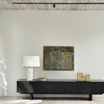 Mosaic TV cupboard - varnished teak - off black - 1 flip - down door - 2 drawers White Cliff Studio Media Console