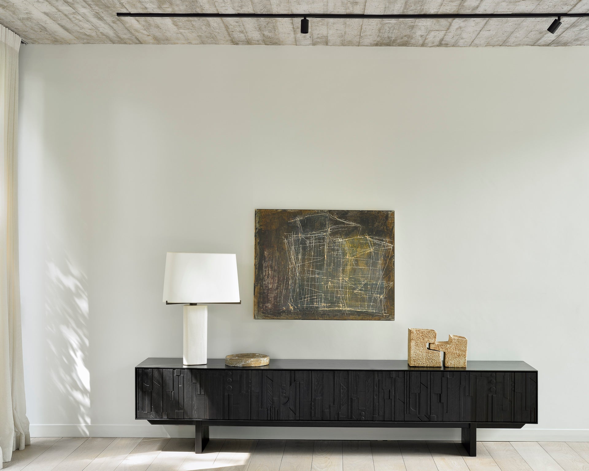 Mosaic TV cupboard - varnished teak - off black - 1 flip - down door - 2 drawers White Cliff Studio Media Console