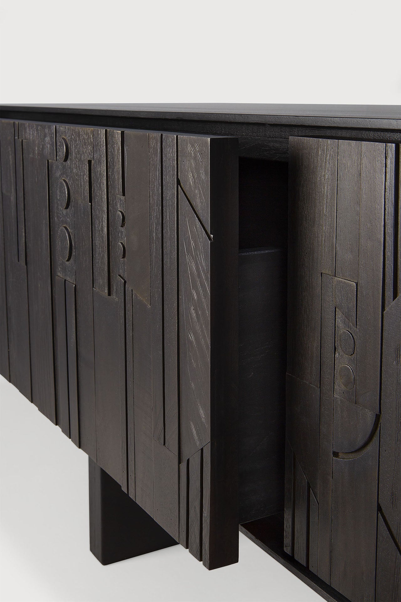 Mosaic TV cupboard - varnished teak - off black - 1 flip - down door - 2 drawers White Cliff Studio Media Console