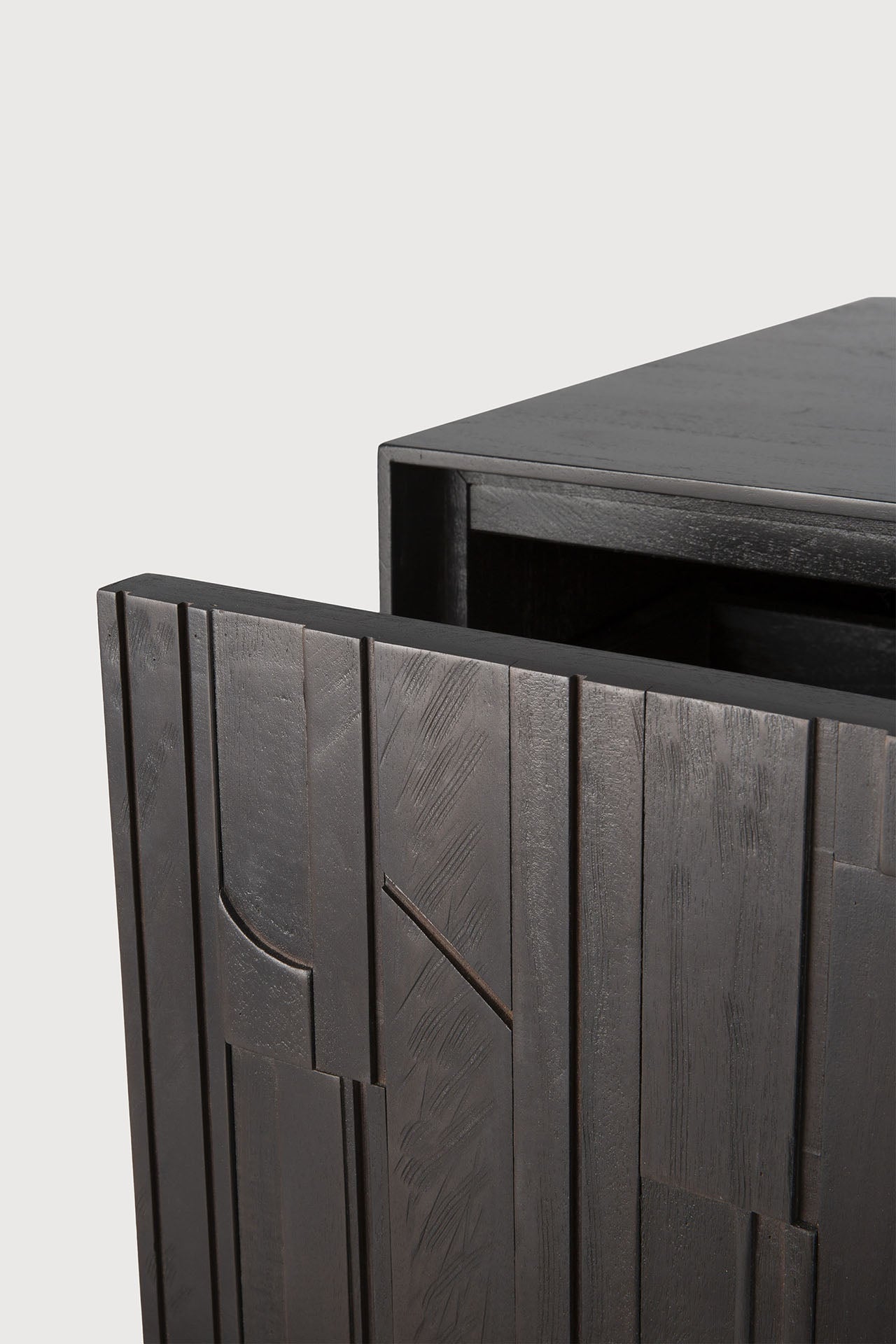 Mosaic TV cupboard - varnished teak - off black - 1 flip - down door - 2 drawers White Cliff Studio Media Console
