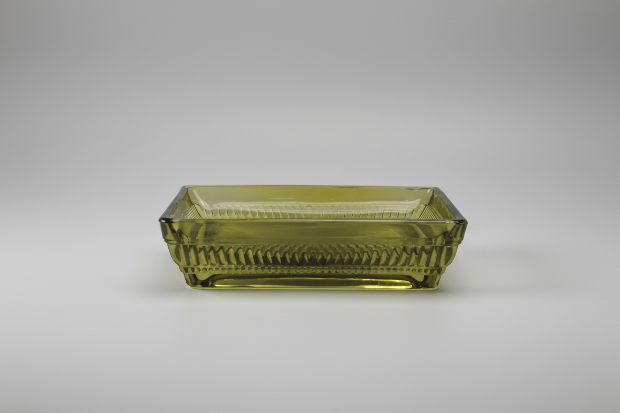 Olive Green Glass Soap Dish – Rectangular with Patterned Rim White Cliff Studio Bath Accessories