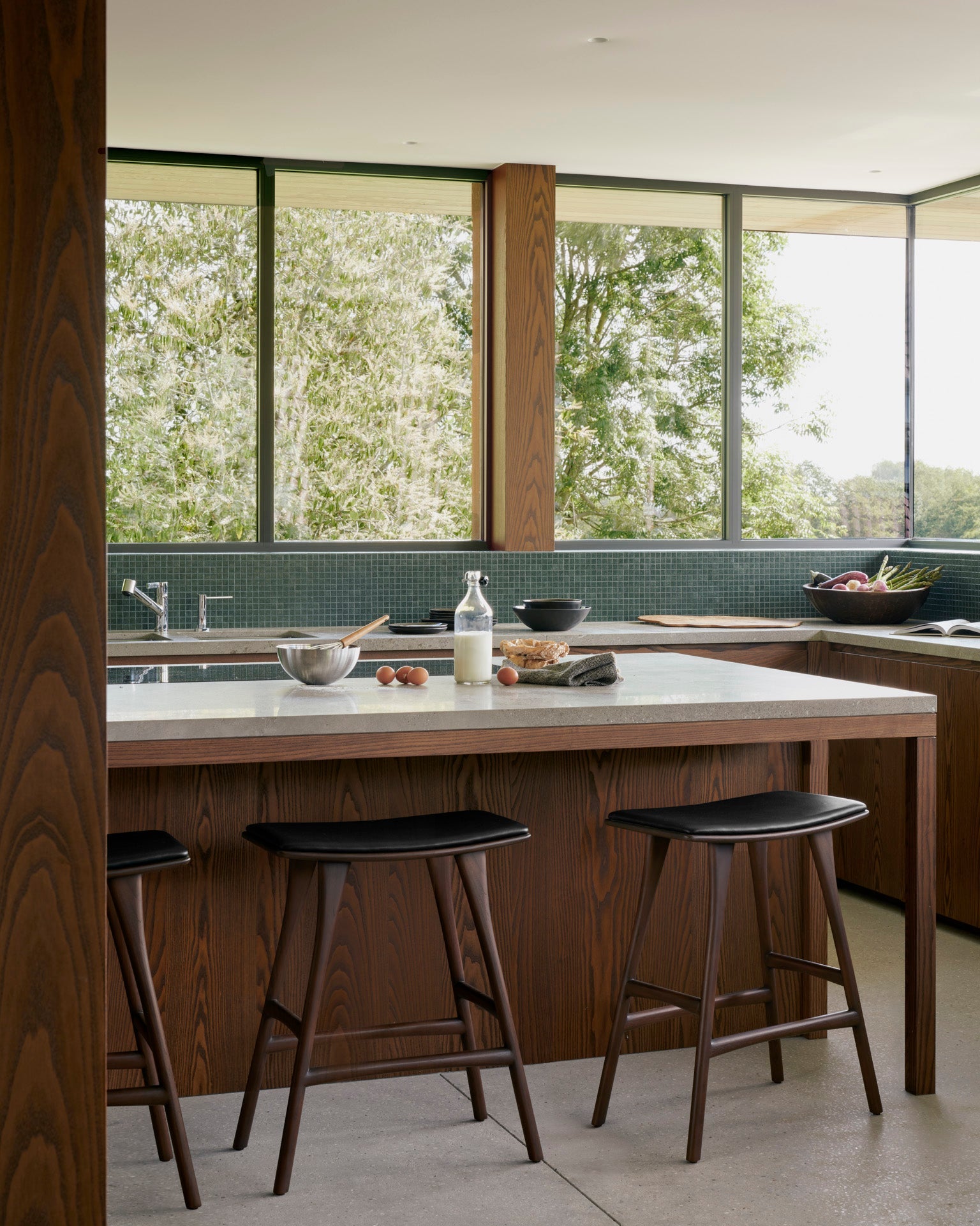 Osso counter stool - varnished teak - brown - Black leather White Cliff Studio Counter Stool