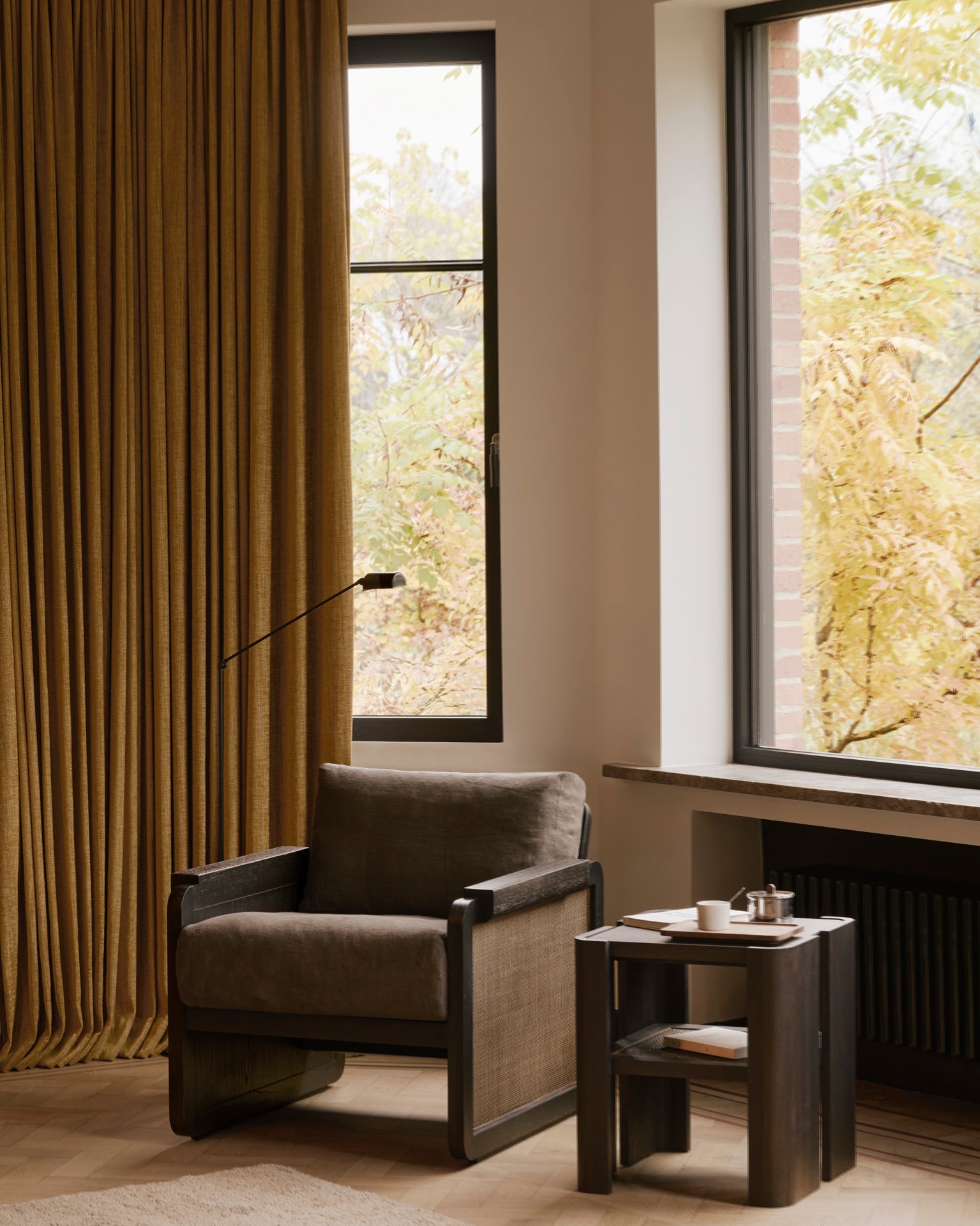 Panel side table - varnished teak - dark brown - rattan Roasted - square White Cliff Studio Side Table