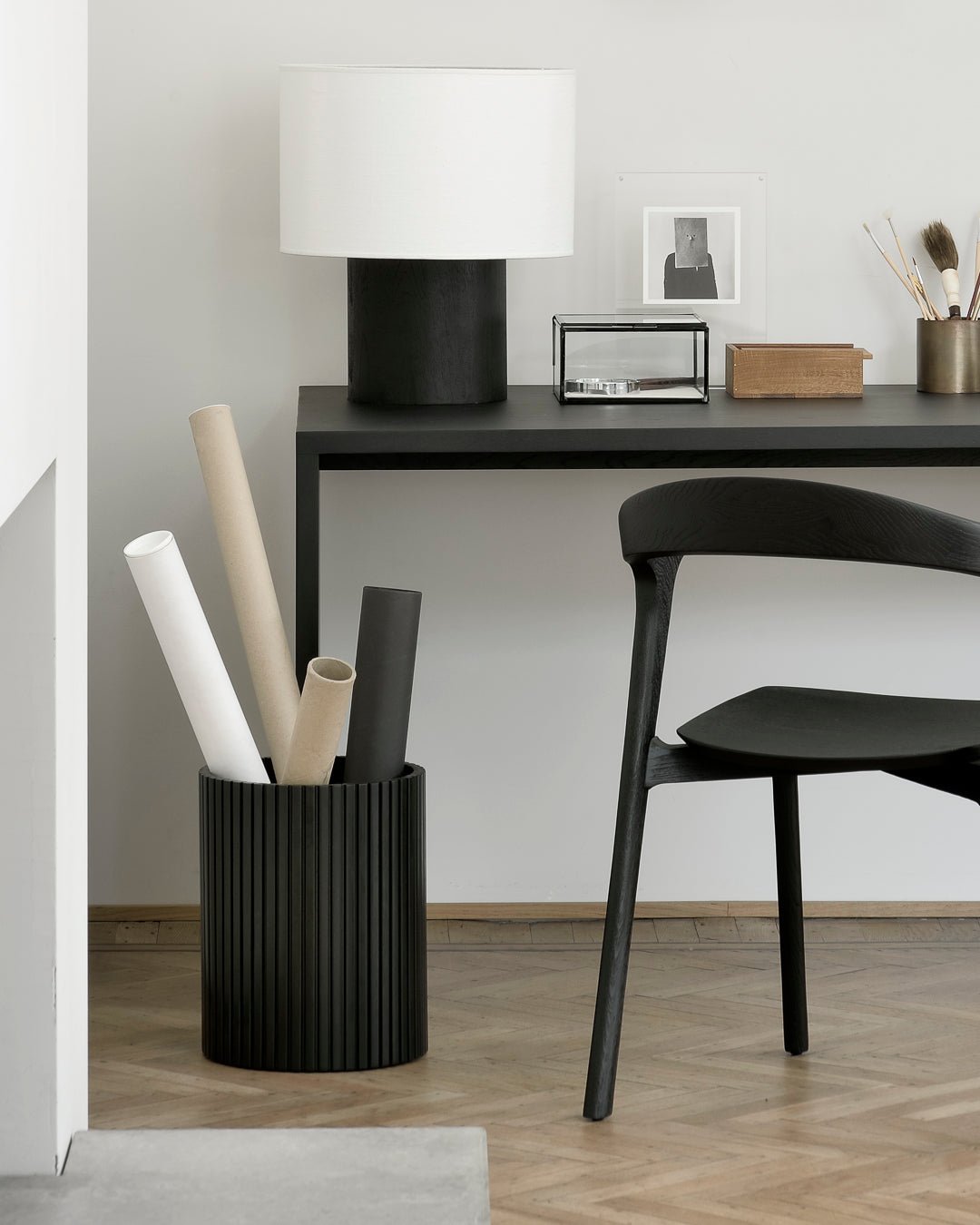 Roller Max paper basket - varnished mahogany - black White Cliff Studio Trash can