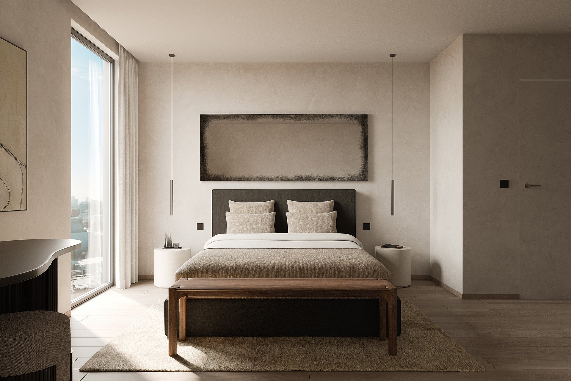 Roller Max pouf - varnished mahogany - dark brown - Rice fabric White Cliff Studio Ottoman