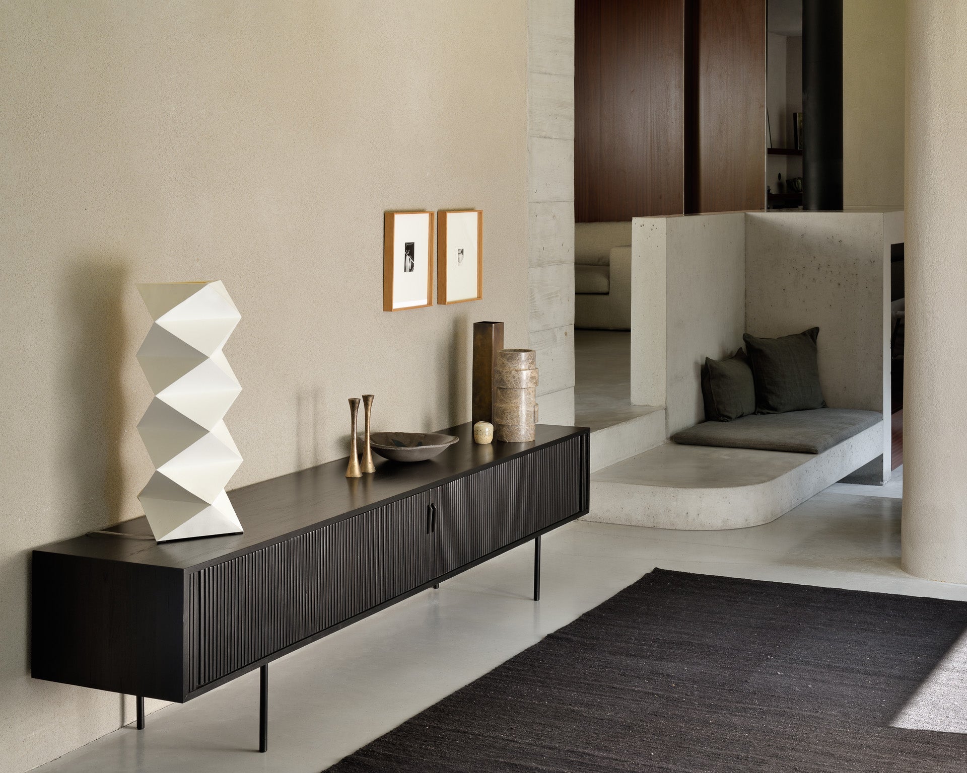 Roller Max TV cupboard - varnished teak - off black - 2 sliding doors - 1 inside drawer White Cliff Studio Media Console