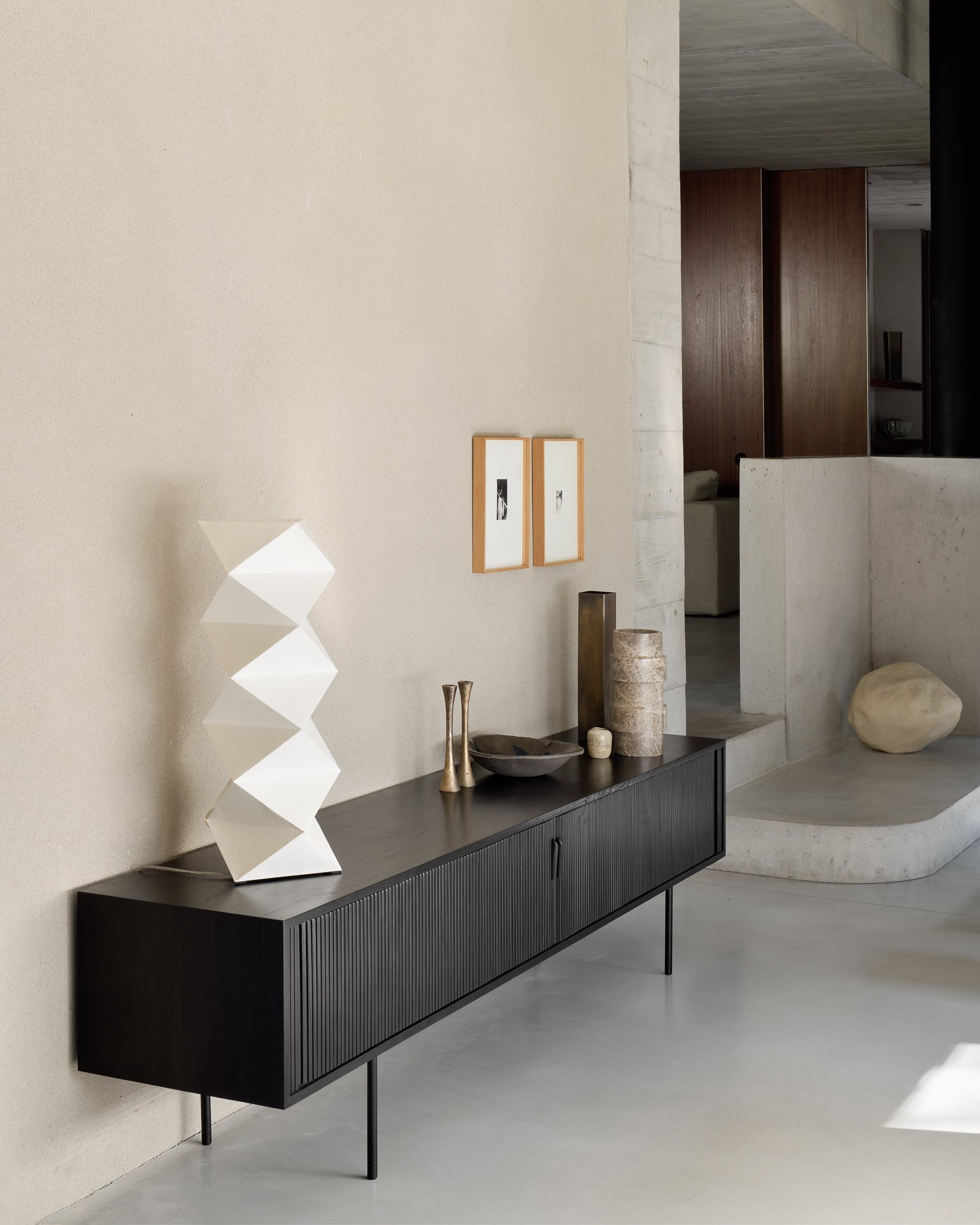 Roller Max TV cupboard - varnished teak - off black - 2 sliding doors - 1 inside drawer White Cliff Studio Media Console