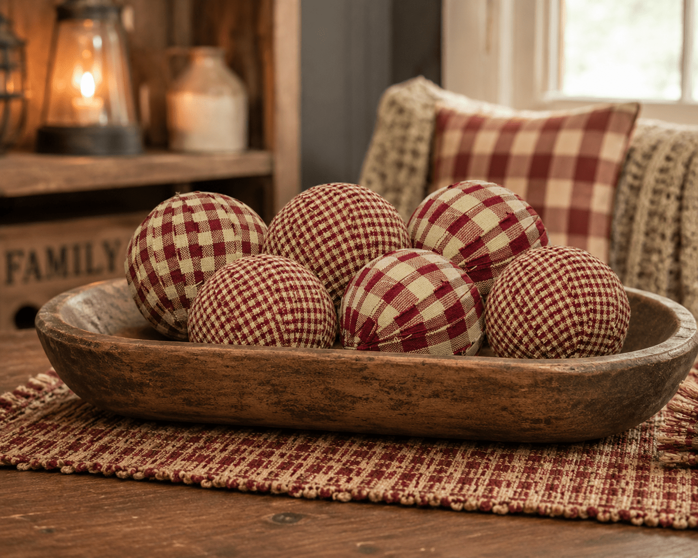 Set of 6 Burgundy Rag Balls Primitive Farmhouse Bowl Fillers White Cliff Studio Decorative Objects