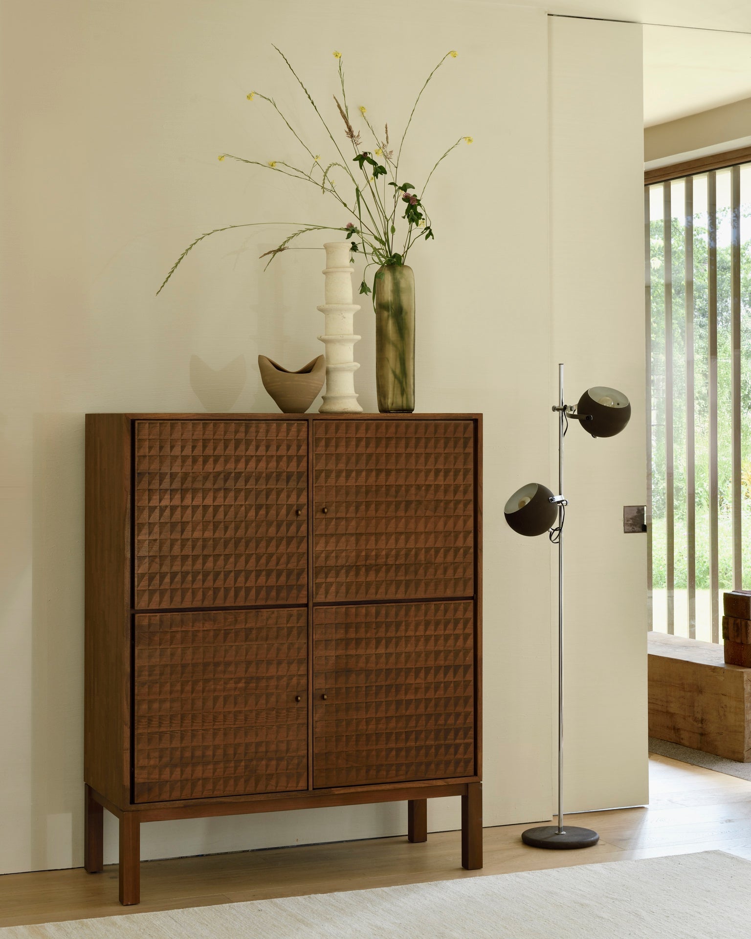 Sono cupboard - varnished teak - light brown - 4 doors White Cliff Studio Cab inet