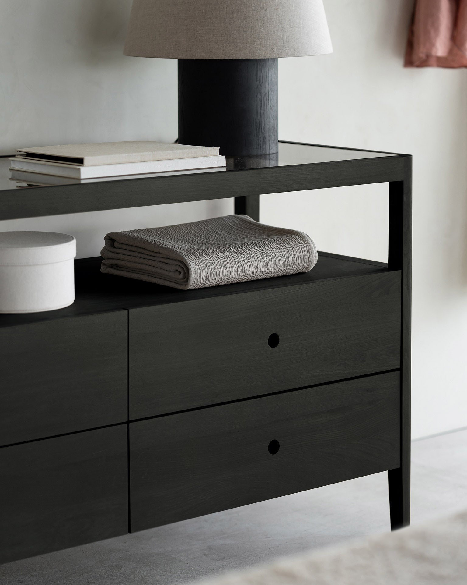 Spindle dresser - varnished oak - black - 4 drawers White Cliff Studio DRESSERS & CHEST OF DRAWERS