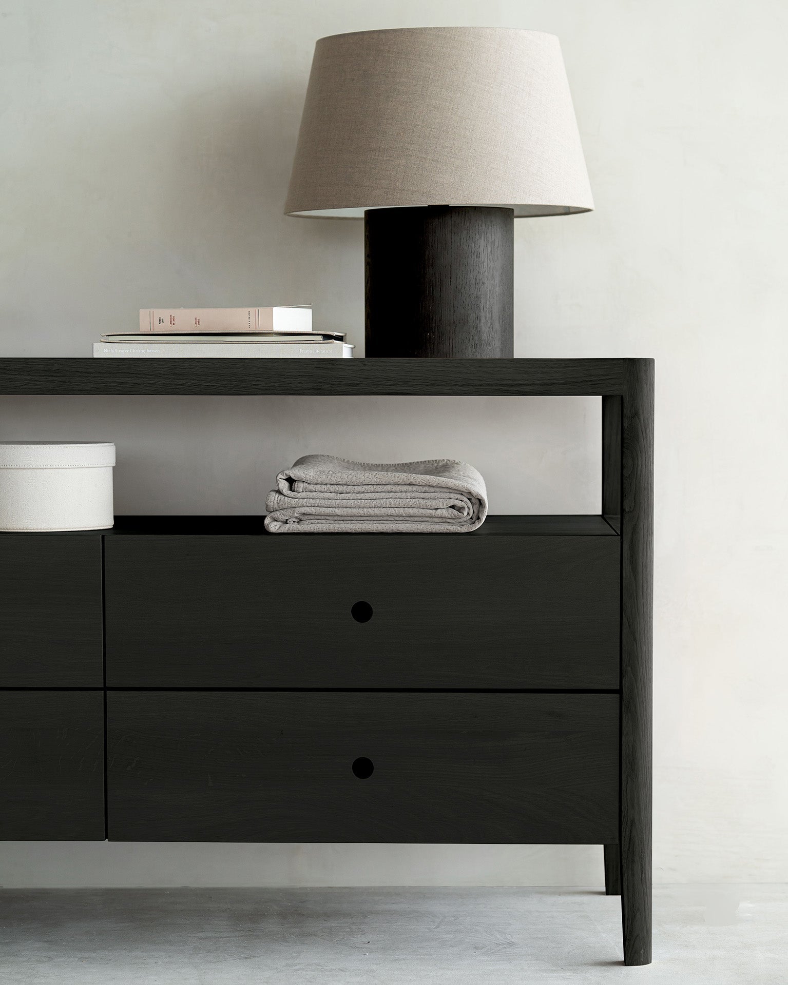 Spindle dresser - varnished oak - black - 4 drawers White Cliff Studio DRESSERS & CHEST OF DRAWERS