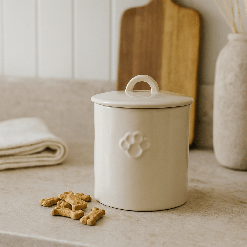 Stoneware Pet Treat Canister with Paw Print – Neutral Glaze