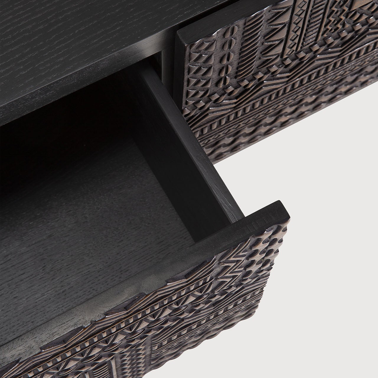 Tabwa TV cupboard - varnished teak - off black - 1 flip - down door - 1 drawer White Cliff Studio Media Console