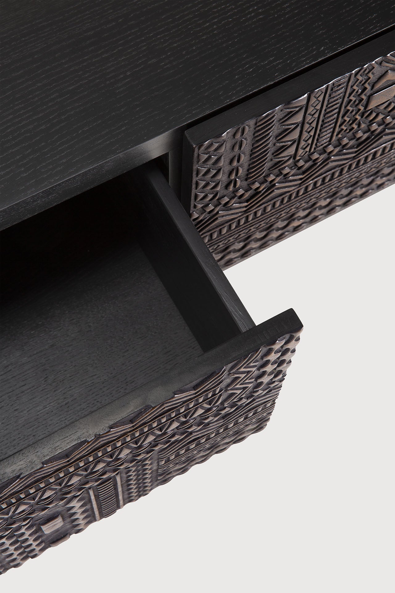 Tabwa TV cupboard - varnished teak - off black - 1 flip - down door - 1 drawer White Cliff Studio Media Console