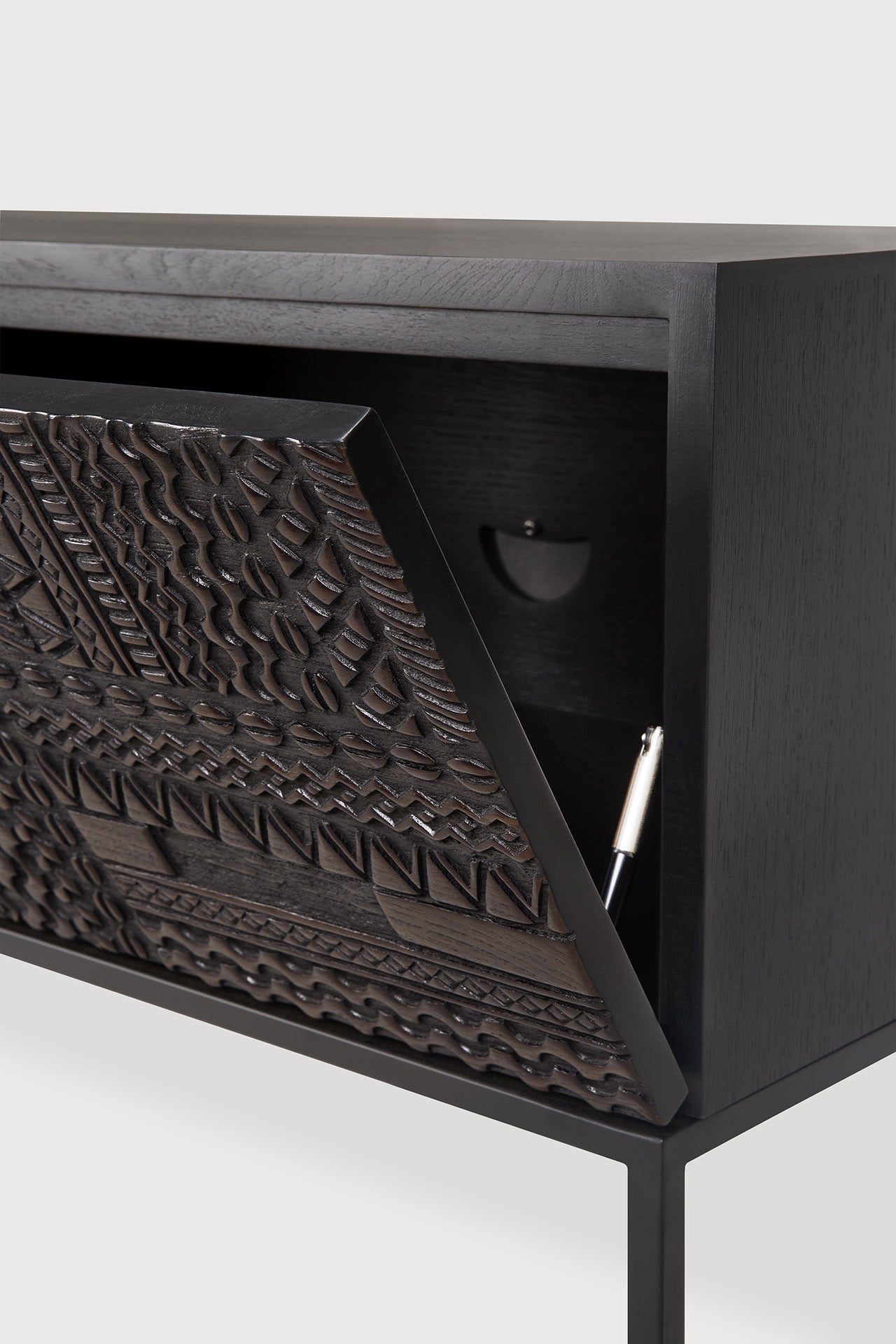 Tabwa TV cupboard - varnished teak - off black - 1 flip - down door - 1 drawer White Cliff Studio Media Console