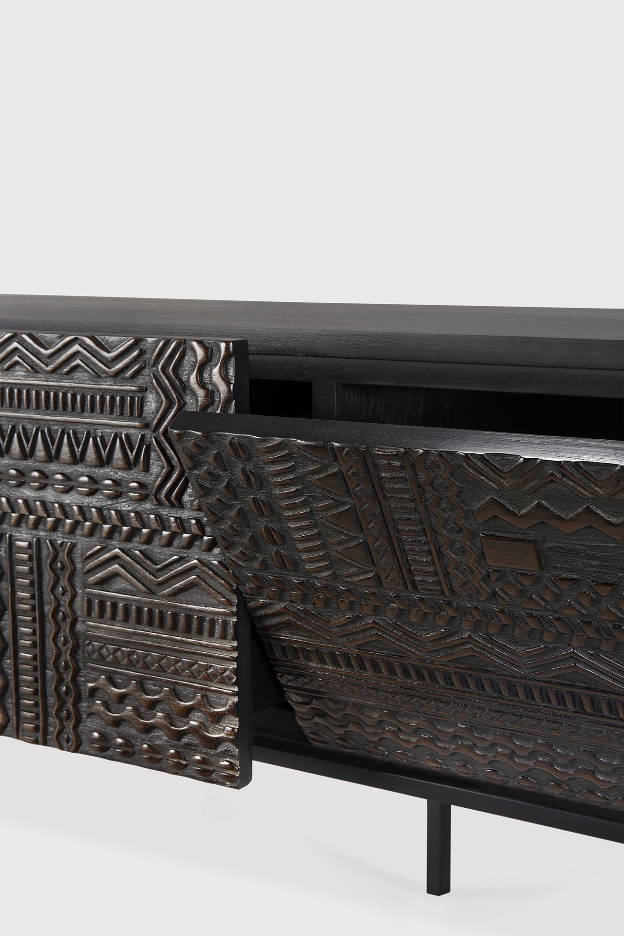 Tabwa TV cupboard - varnished teak - off black - 1 flip - down door - 1 drawer White Cliff Studio Media Console